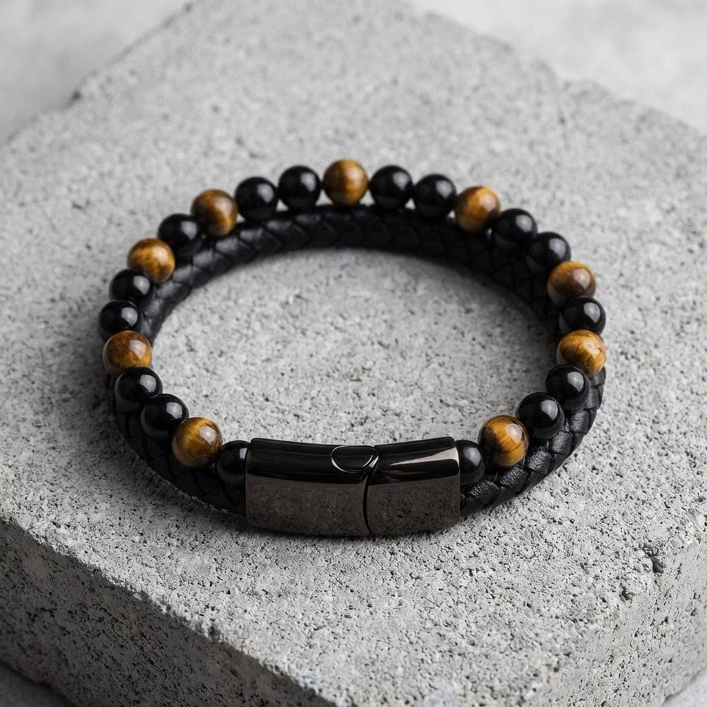 Bracelet homme perles d'œil de tigre et cuir tressé noir posé sur du béton