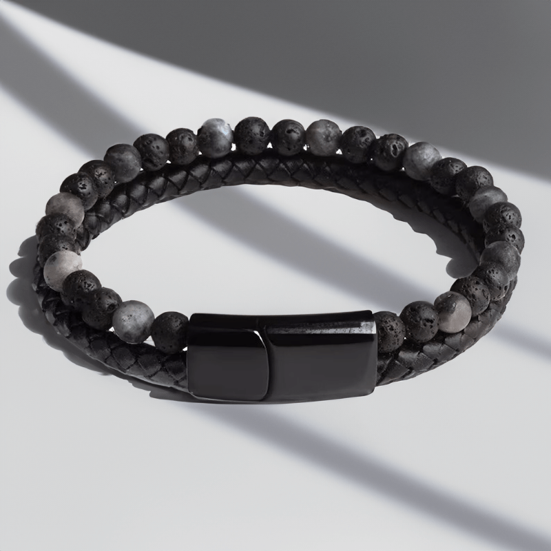 Bracelet homme perles de pierre de lave et cuir tressé noir, fermoir noir