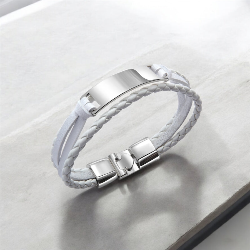 bracelet cuir tressé homme blanc personnalisé plaque gravable