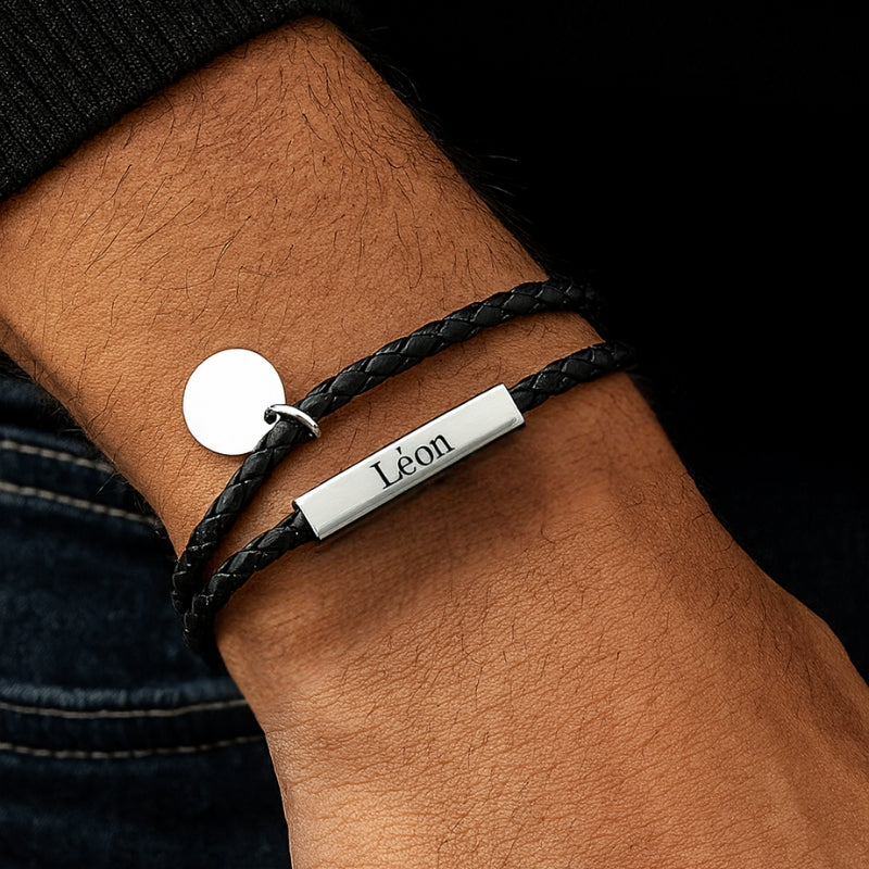 Bracelet personnalisé homme cuir tressé double tour gravure prénom