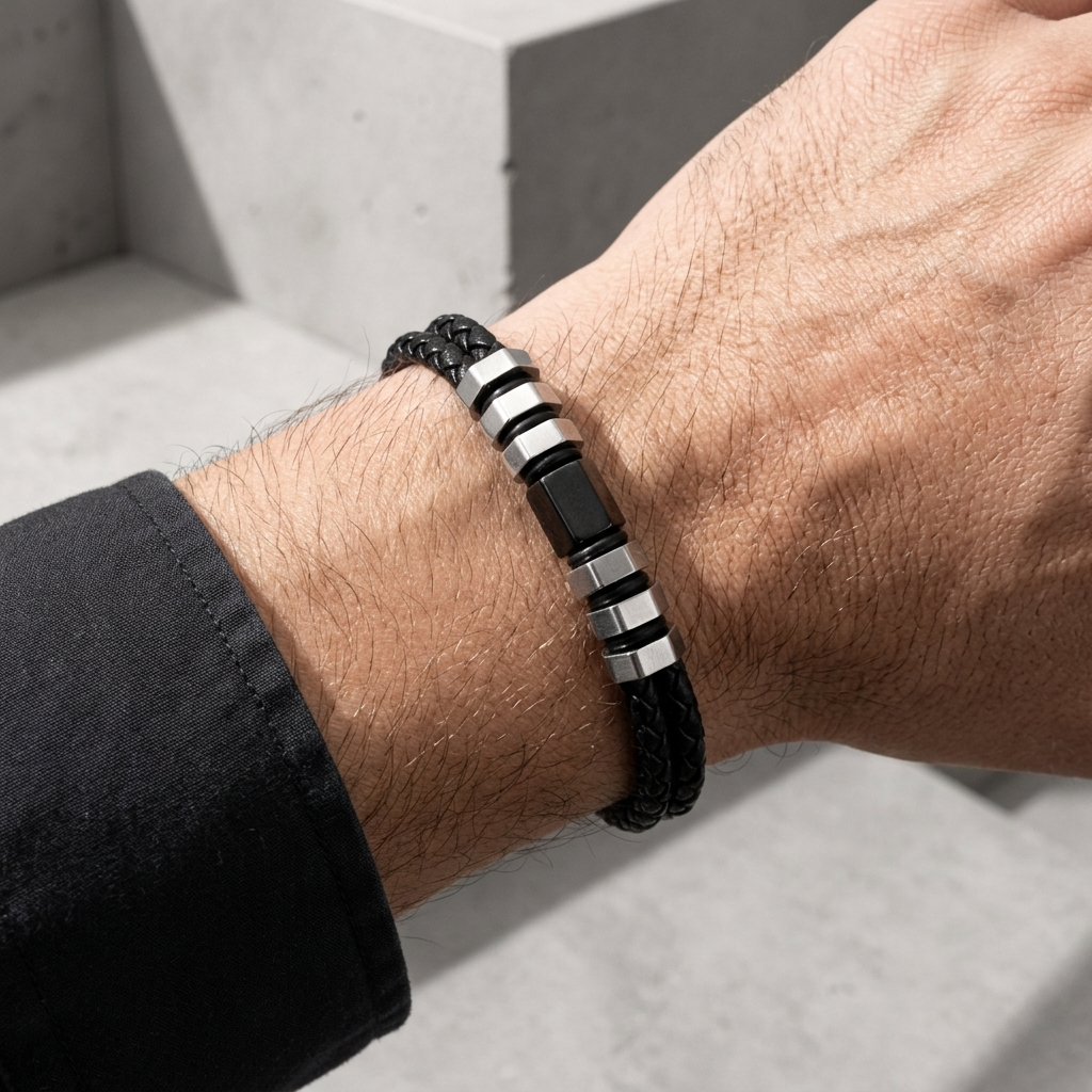 Bracelet homme fin en cuir tressé, finition argent, porté au poignet