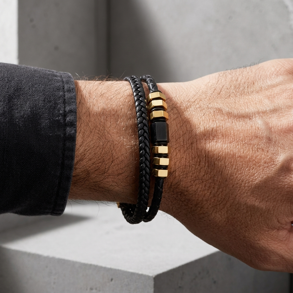 Bracelet homme fin en cuir tressé, finition dorée, porté au poignet