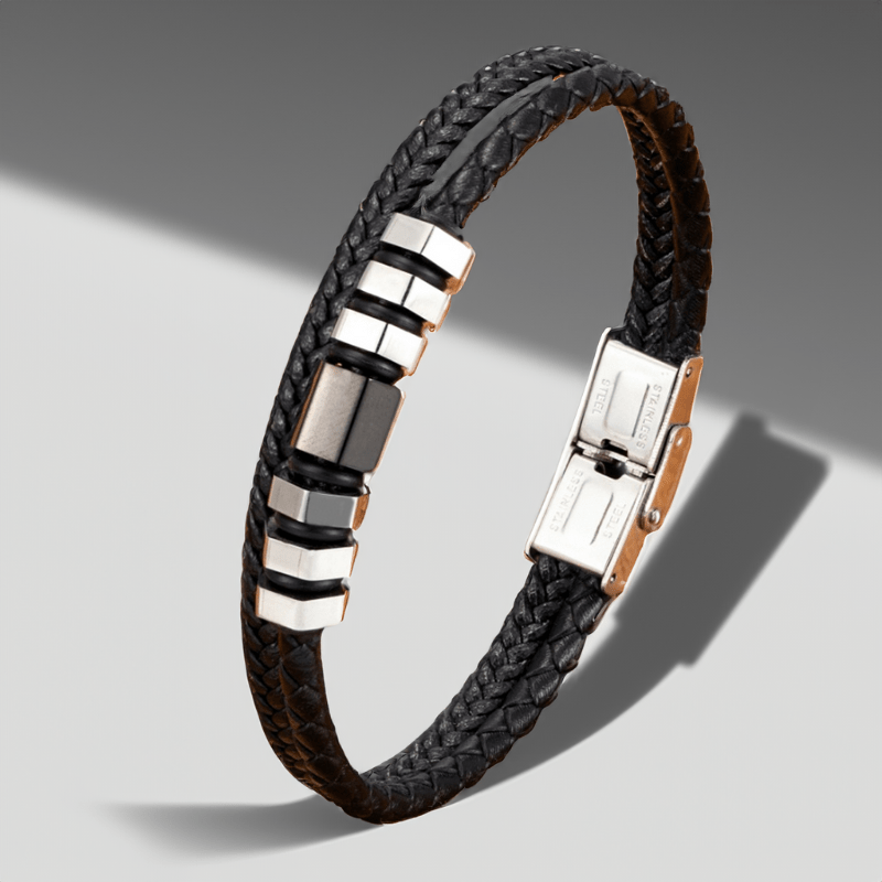 Bracelet homme fin en cuir tressé noir, tubes et fermoir en acier argent