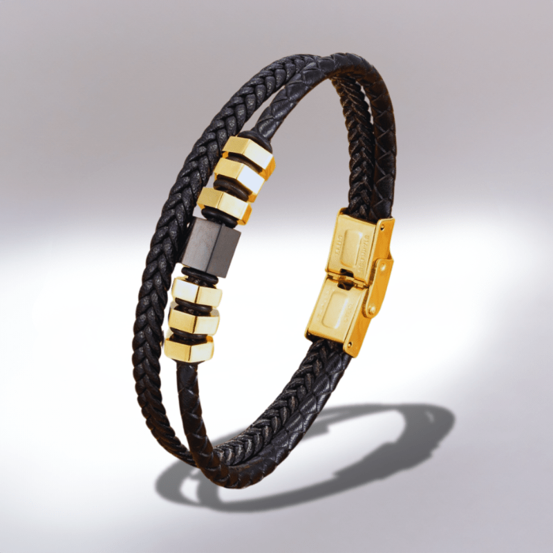 Bracelet homme fin en cuir tressé noir, tubes et fermoir en acier doré