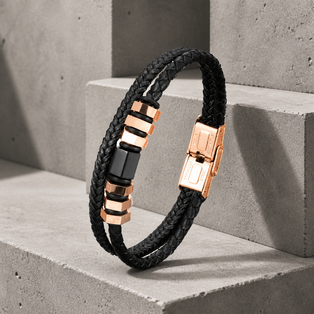Bracelet homme fin en cuir tressé noir, tubes et clip en acier or rose