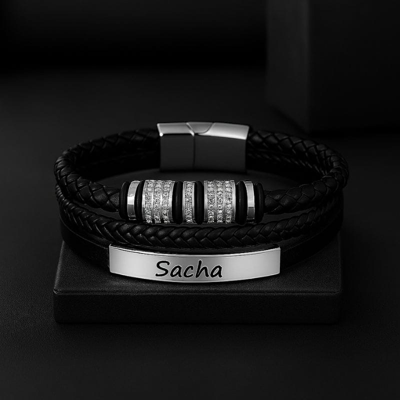 Bracelet homme personnalisé similicuir, plaque acier argent gravée et anneaux sertis