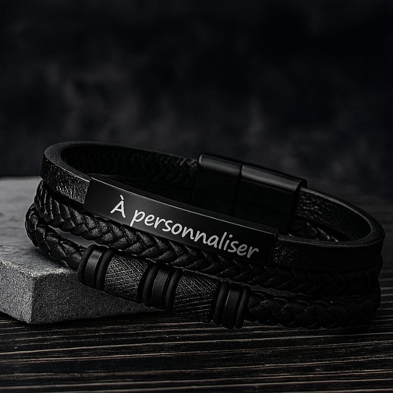 Bracelet homme personnalisé similicuir, plaque acier noire à graver