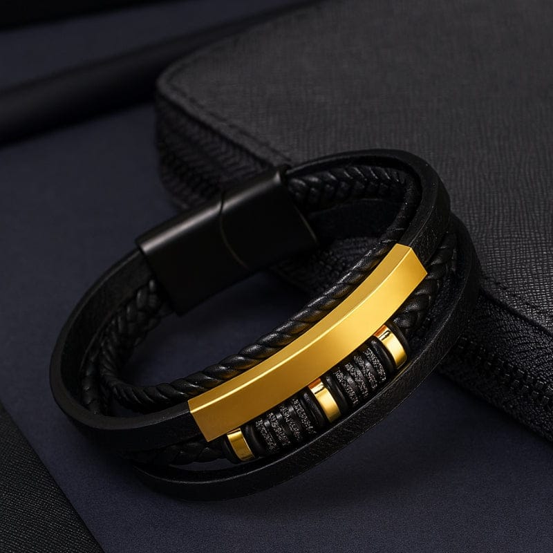 Bracelet gravure homme multi rangs, plaque en acier doré à graver