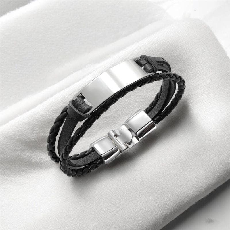 Bracelet homme personnalisé en similicuir noir, plaque gravée au laser