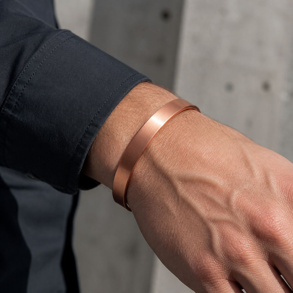 Bracelet cuivre homme jonc ouvert porté au poignet