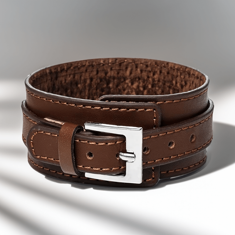Bracelet de force homme en cuir marron, boucle métal et doublure intérieure