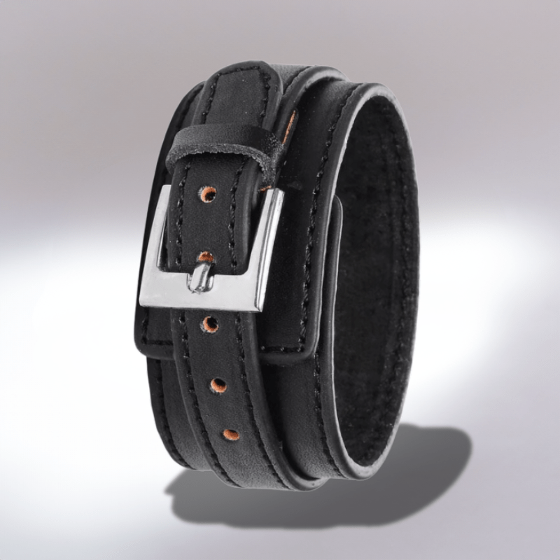 Bracelet de force homme en cuir noir large avec boucle en acier