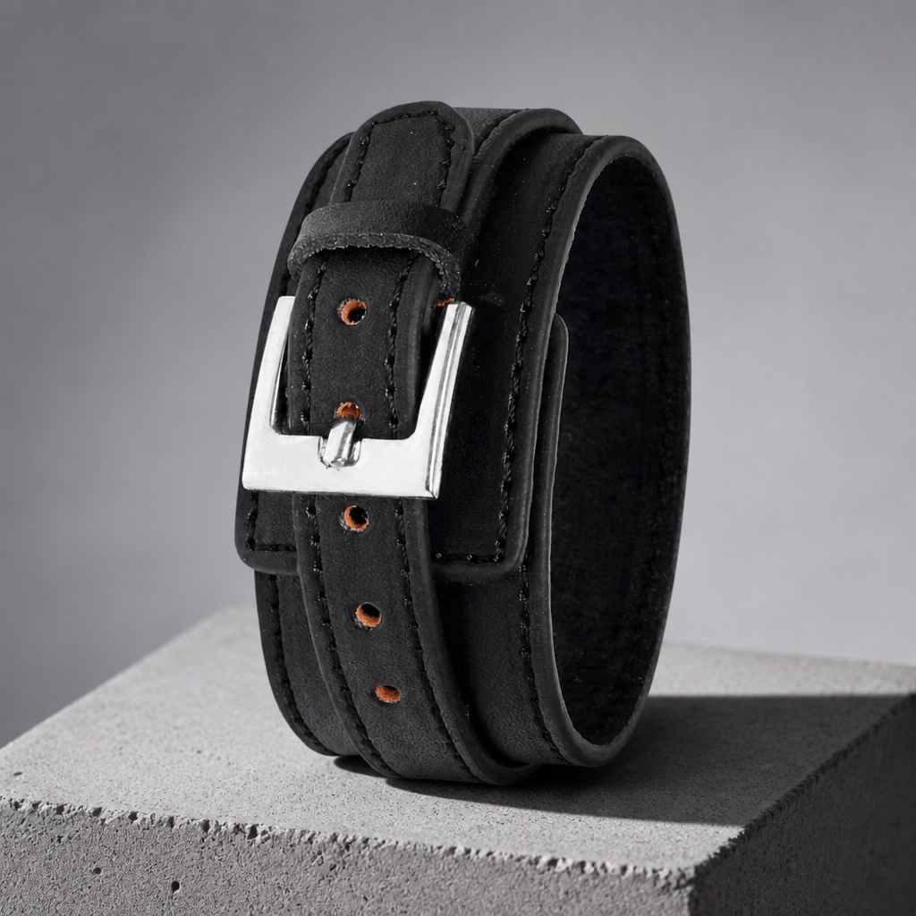 Bracelet de force homme en cuir noir large, boucle à ardillon et trous de réglage