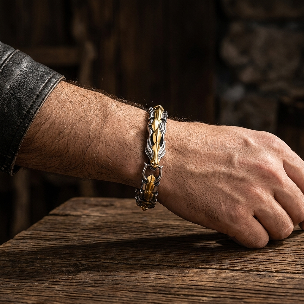 Bracelet dragon homme porté au poignet, tête dorée sur corps argenté