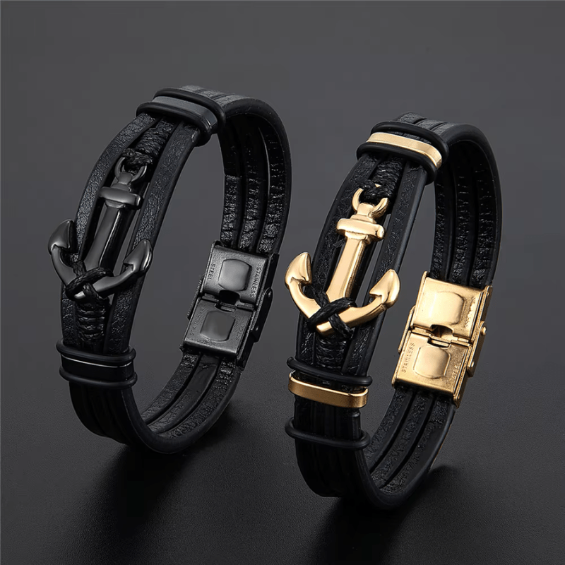 Bracelet homme ancre marine en cuir, finitions noire et dorée côte à côte