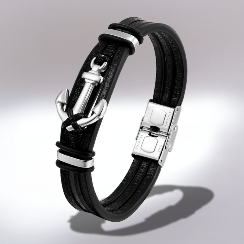 Bracelet homme ancre marine en cuir noir, ancre et fermoir en acier argent
