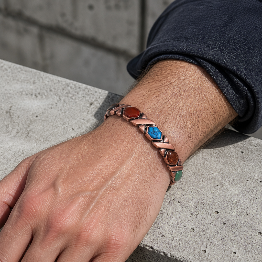 Bracelet cuivré à cabochons porté sous une manche relevée, main posée sur du béton