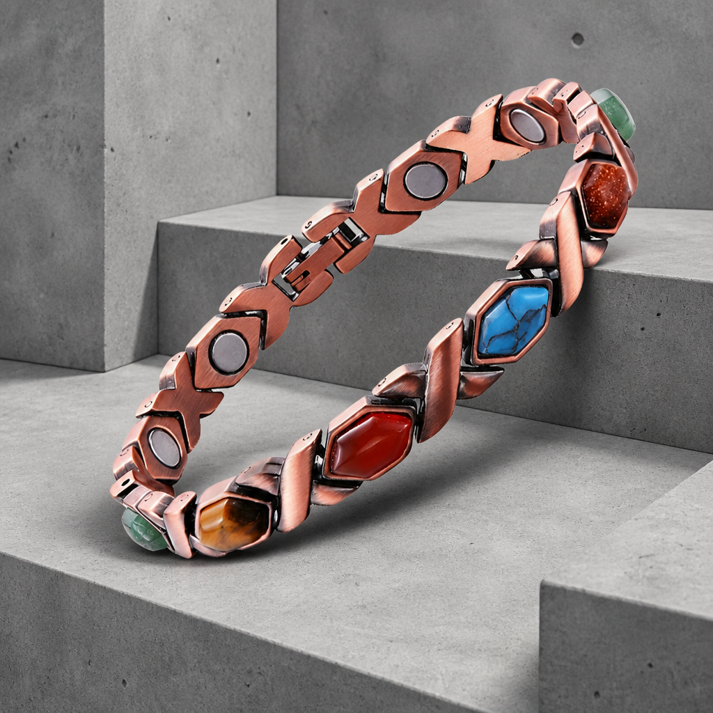 Bracelet fantaisie homme de dessus, aimants ronds visibles à l'intérieur des maillons