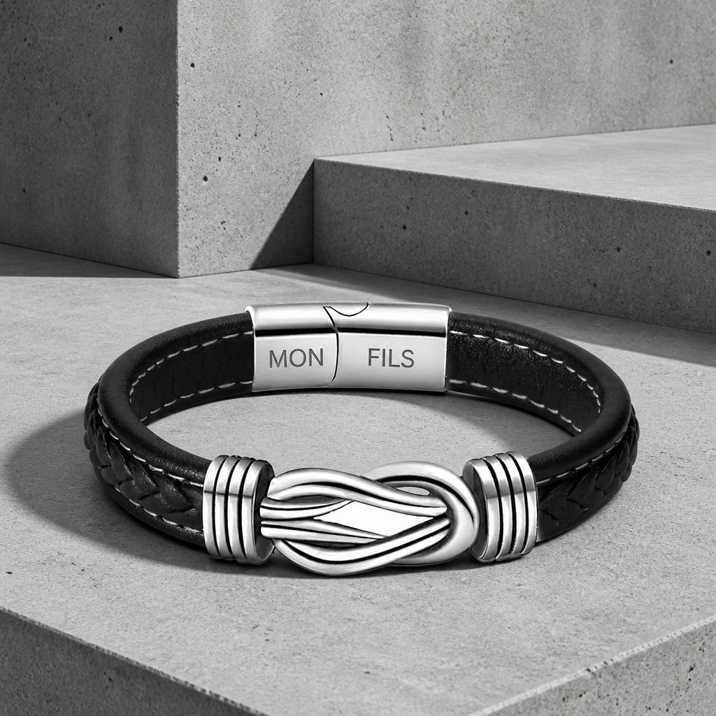 Bracelet fils homme en cuir tressé noir, nœud infini argenté et fermoir gravé