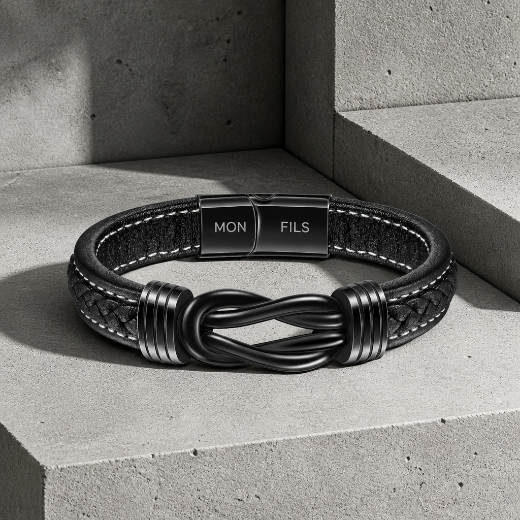 Bracelet fils homme en cuir tressé noir, nœud infini noir et fermoir gravé