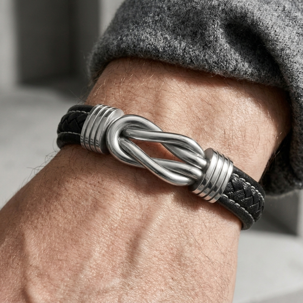 Bracelet cuir tressé à nœud infini argenté porté au poignet d'un homme