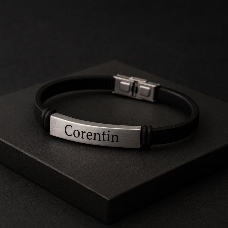 Bracelet fin homme personnalisé, barrette acier argent gravée d'un prénom