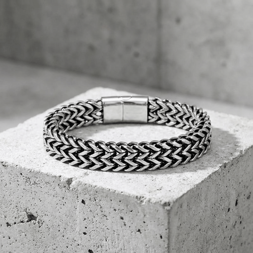 Bracelet gourmette homme argent grosse maille tressée acier