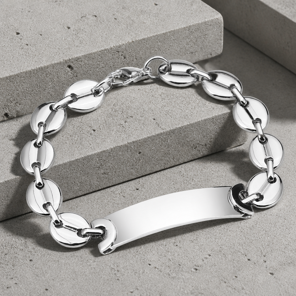 Bracelet graine de café argent homme à plaque lisse, maille en acier poli