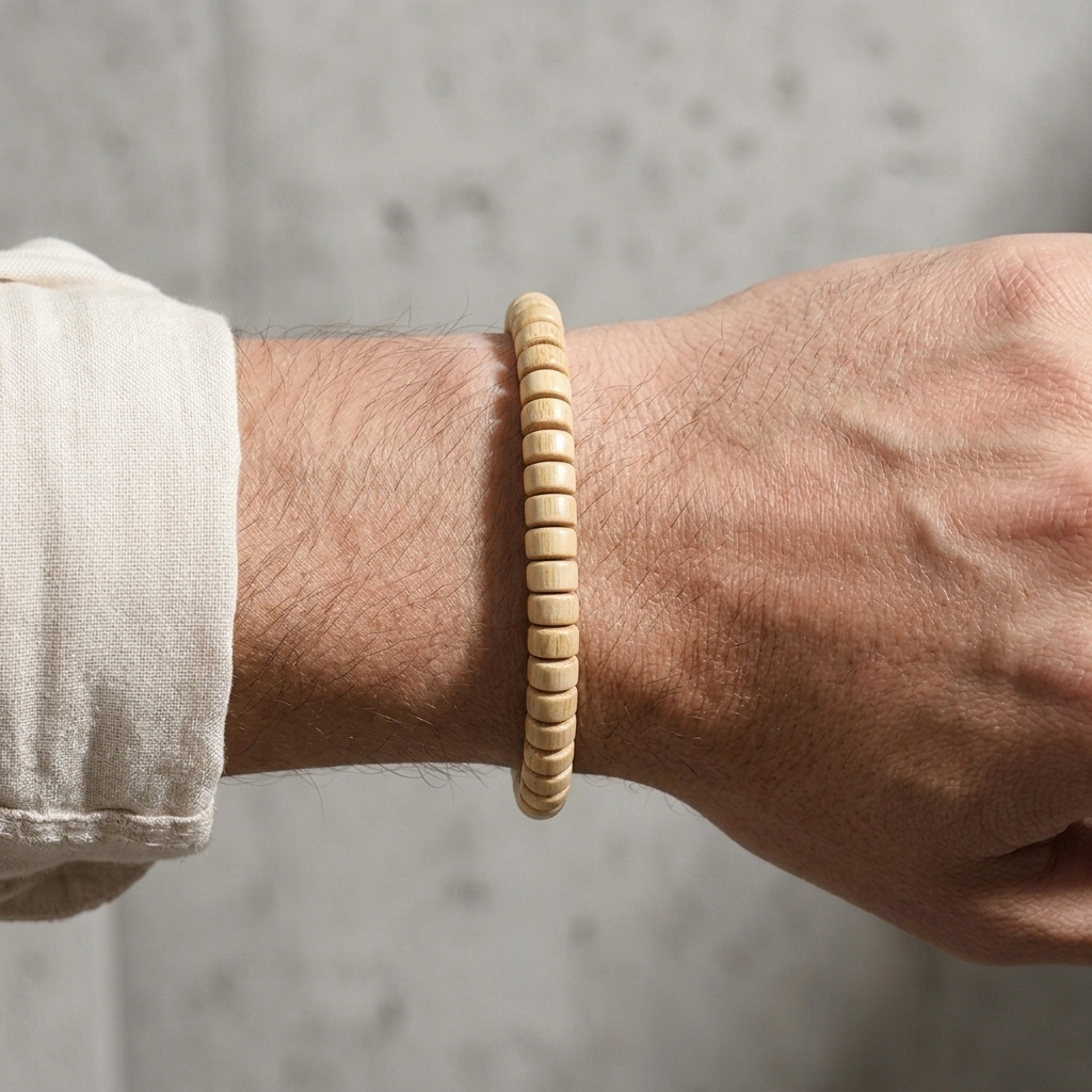 Bracelet heishi beige porté au poignet d'un homme