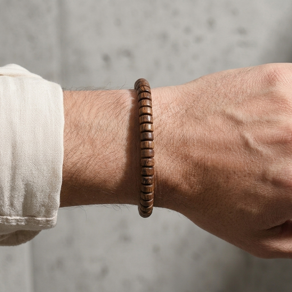 Bracelet heishi marron porté au poignet d'un homme