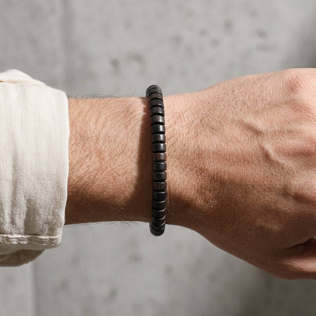 Bracelet heishi noir porté au poignet d'un homme sous une manche de lin
