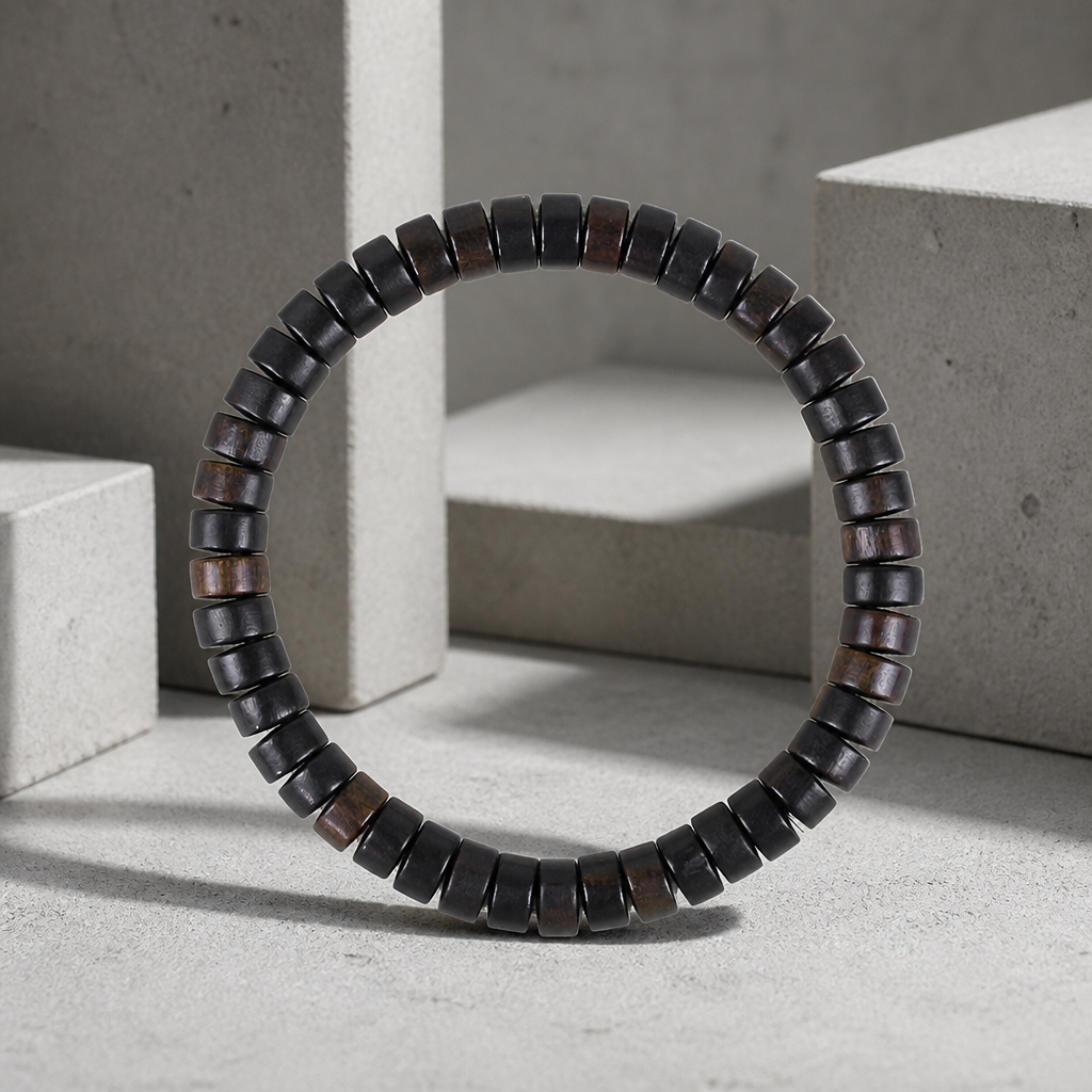 Bracelet heishi homme en perles de bois plates noires posé sur du béton