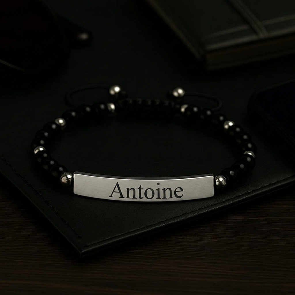 Barrette en acier gravée d'un prénom sur bracelet hématite homme