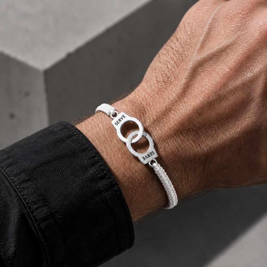 Bracelet homme amour porté au poignet, cordon blanc et menotte argentée