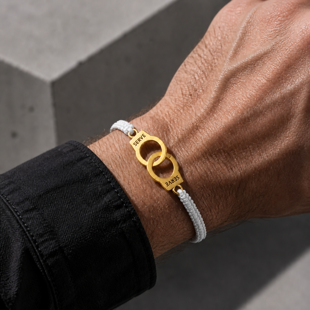 Bracelet homme amour porté au poignet, cordon blanc et menotte dorée