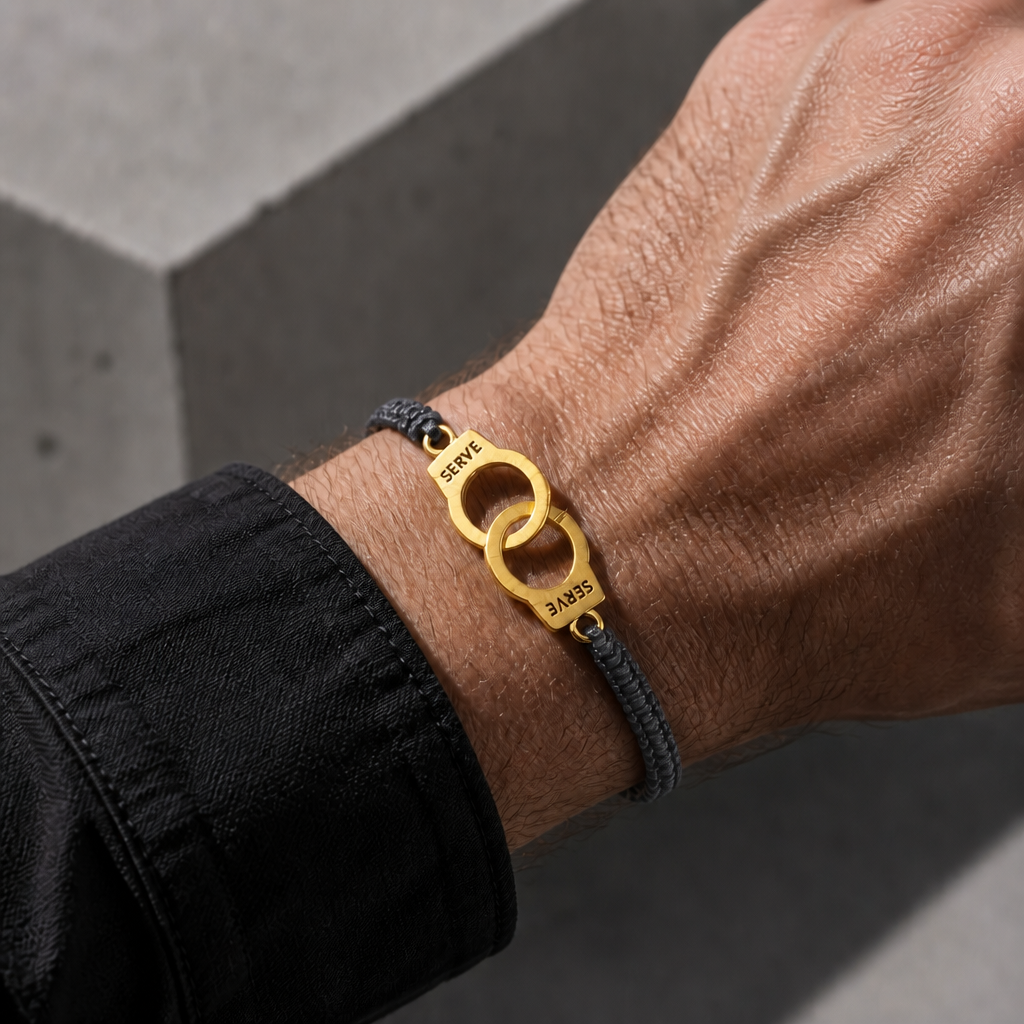 Bracelet homme amour porté au poignet, cordon gris et menotte dorée