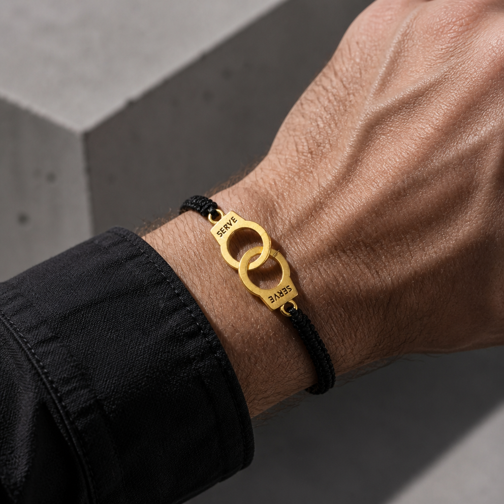 Bracelet homme amour porté au poignet, cordon noir et menotte dorée