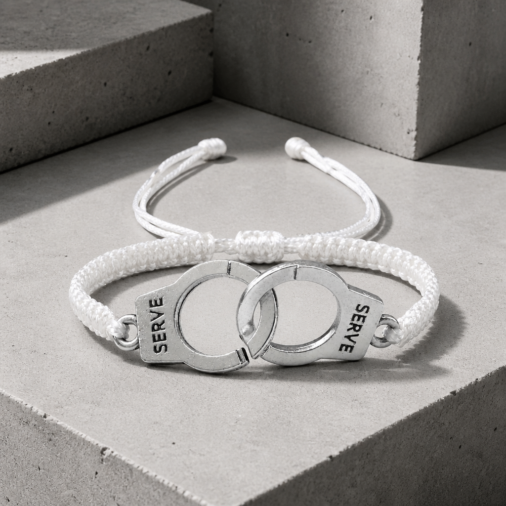 Bracelet homme amour menotte, cordon tressé blanc et menotte argentée, sur béton