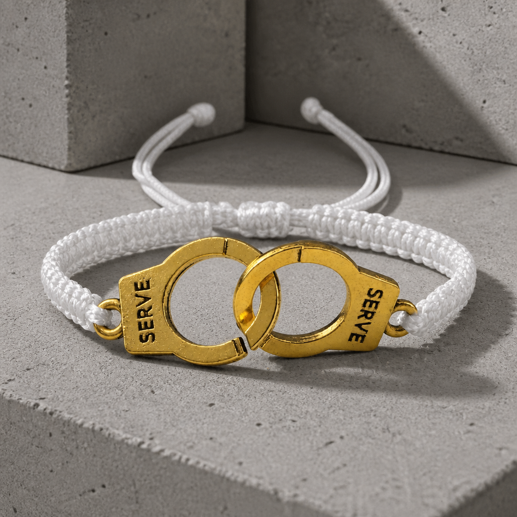 Bracelet homme amour menotte, cordon tressé blanc et menotte dorée, sur béton