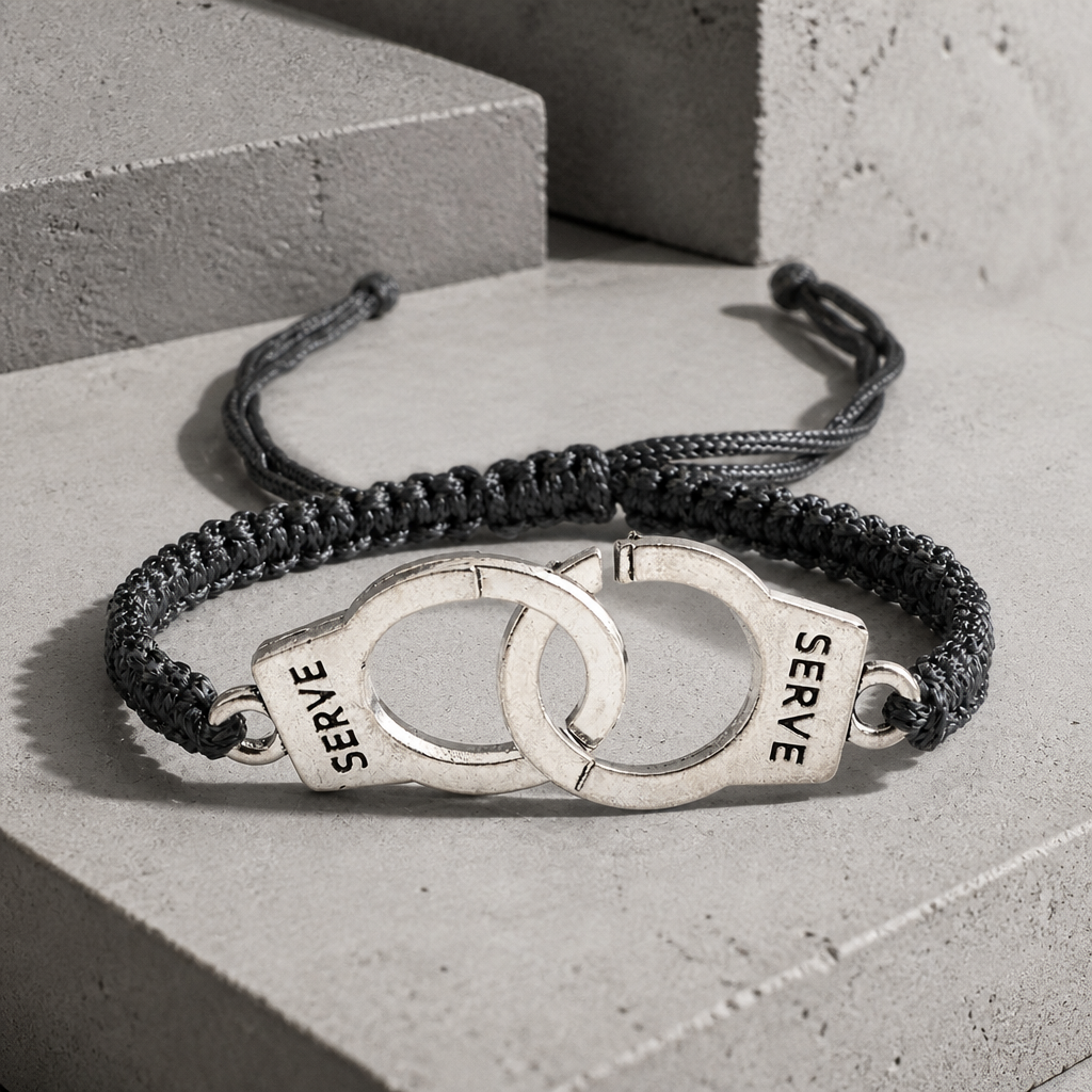 Bracelet homme amour menotte, cordon tressé gris et menotte argentée, sur béton