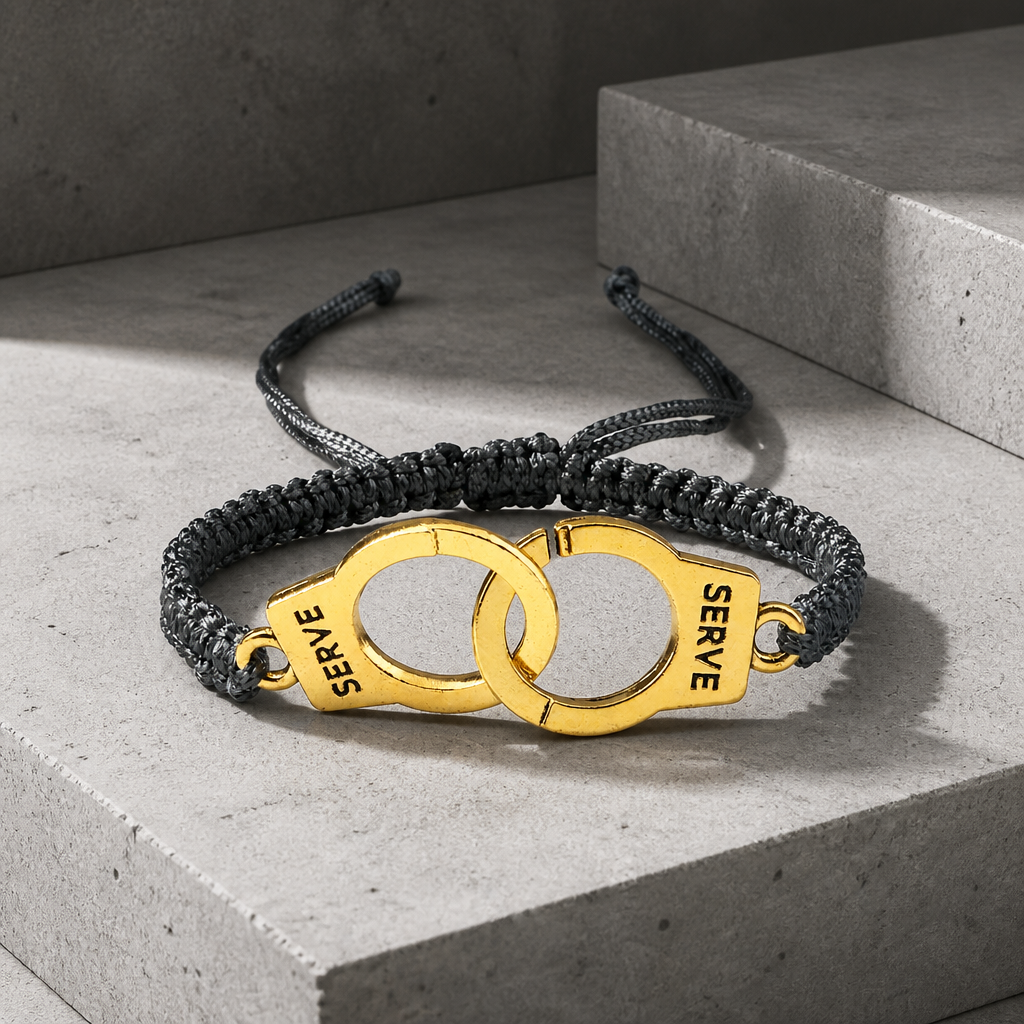 Bracelet homme amour menotte, cordon tressé gris et menotte dorée, sur béton