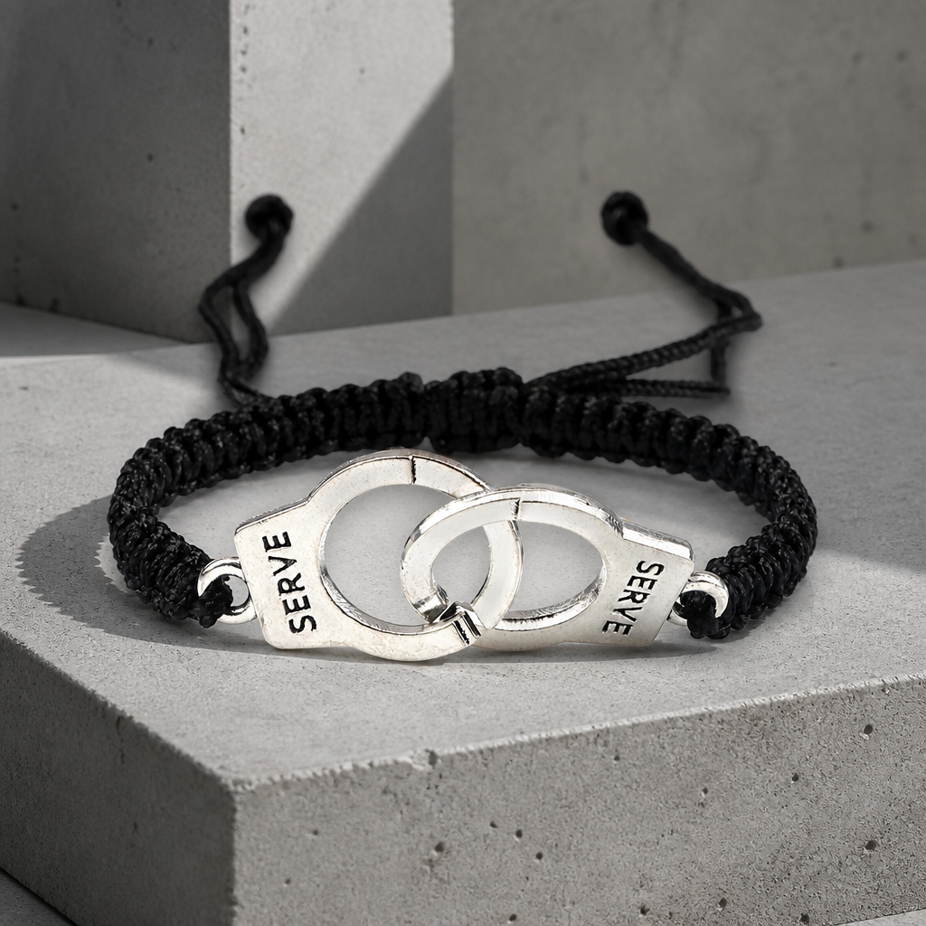 Bracelet homme amour menotte, cordon tressé noir et menotte argentée, sur béton