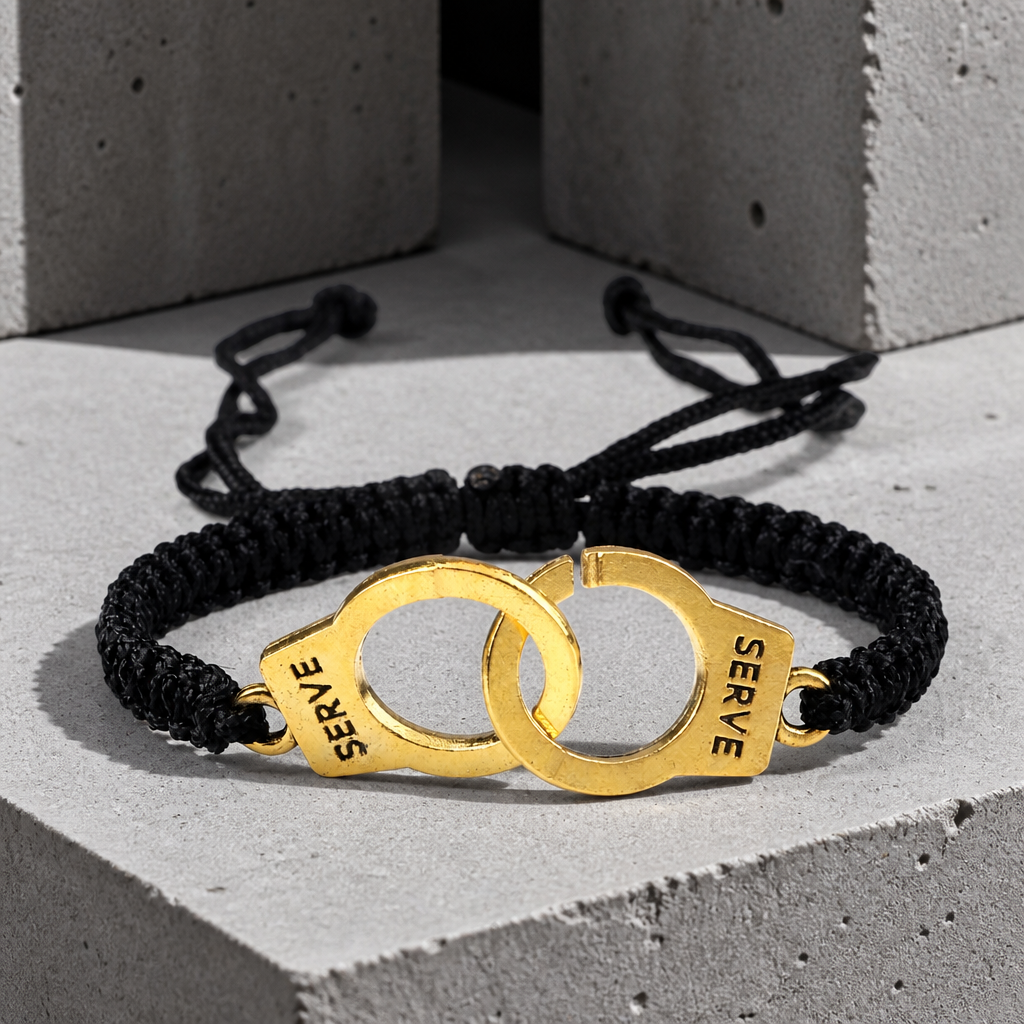 Bracelet homme amour menotte, cordon tressé noir et menotte dorée, sur béton