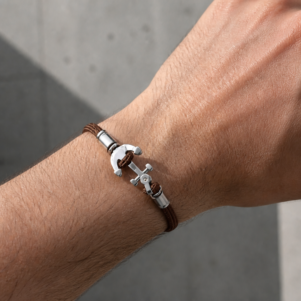 Bracelet homme ancre bateau marron porté au poignet