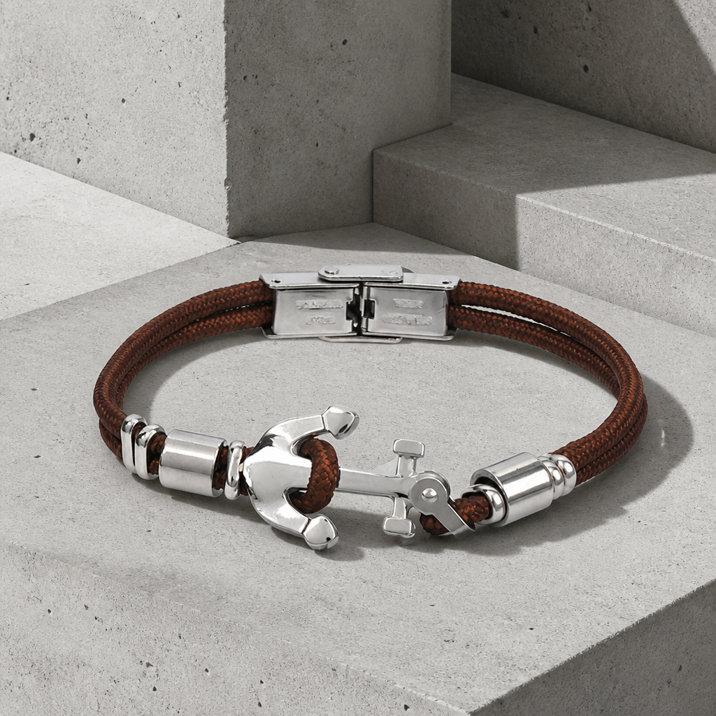 Bracelet homme ancre bateau, cordon marron tressé et ancre en acier