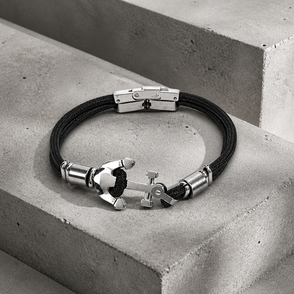 Bracelet homme ancre bateau, cordon noir tressé et ancre en acier inoxydable