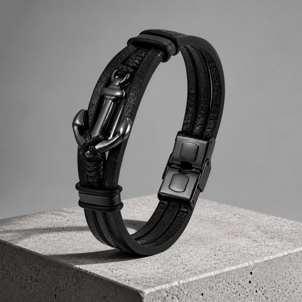 Bracelet homme ancre marine en cuir noir, ancre et fermoir en acier noir