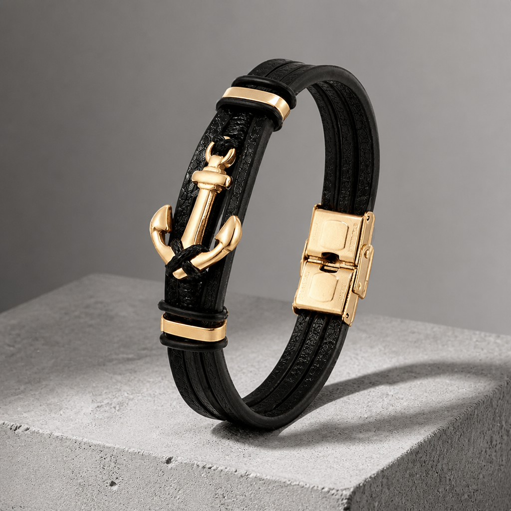 Bracelet homme ancre marine en cuir noir, ancre et fermoir en acier doré