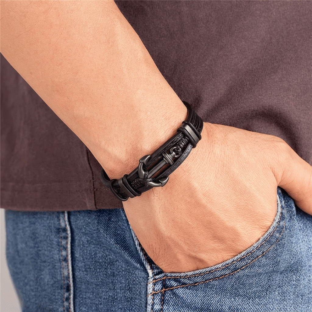 Bracelet homme ancre marine porté au poignet, finition noire