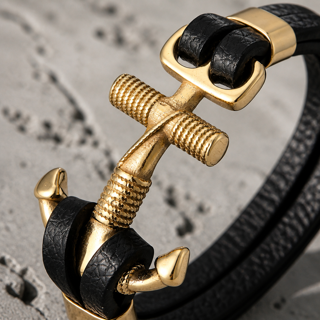Des Finitions Exemplaires - Bracelet Homme Ancre Noir, Deux Rangs en Acier